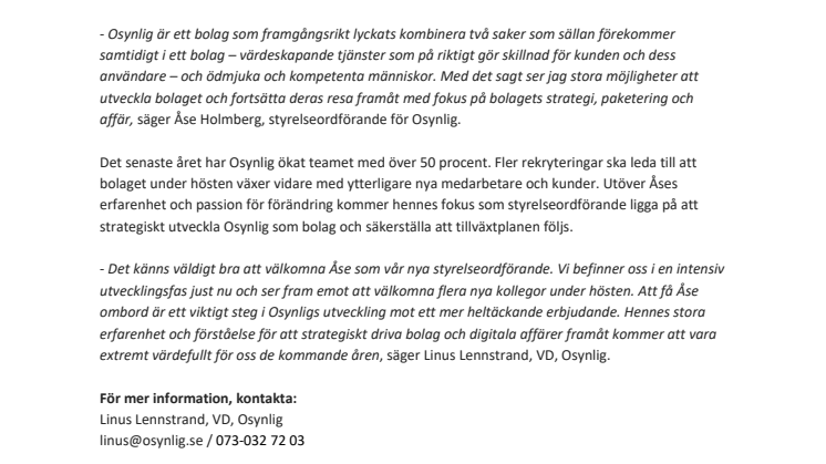 Osynlig mot rekordår – tillsätter Åse Holmberg som ny styrelseordförande