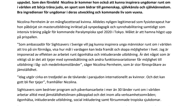 Judostjärnan Nicolina Pernheim blir ambassadör för Sightsavers 