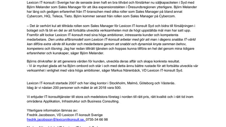 Björn Melander förstärker Lexicon IT-konsults management i Syd