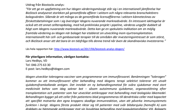 BioStock publicerar analys av Idogen