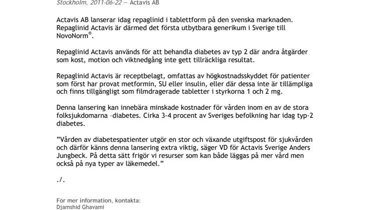 Actavis AB lanserar Repaglinid Actavis på den svenska marknaden, som första generikum till NovoNorm®