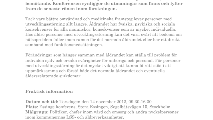 Pressinbjudan: Nationell konferens - Vi blir också äldre - levnadsvillkor för personer med utvecklingsstörning som åldras