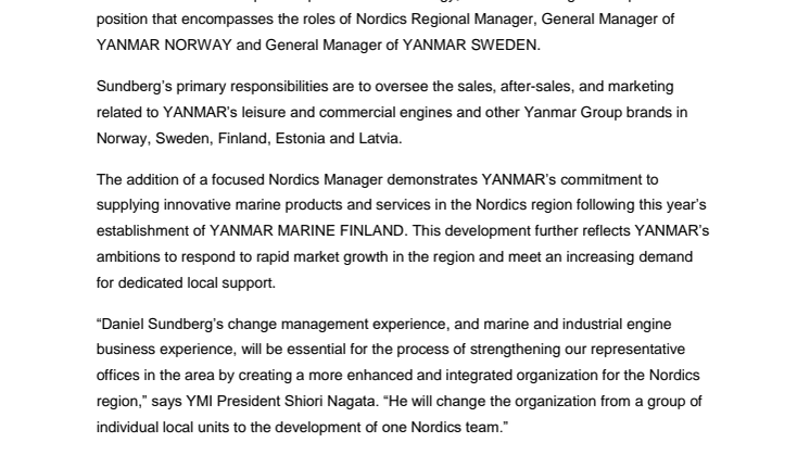 YANMAR Strengthens Presence in Nordics Region with Appointment of New Regional Manager