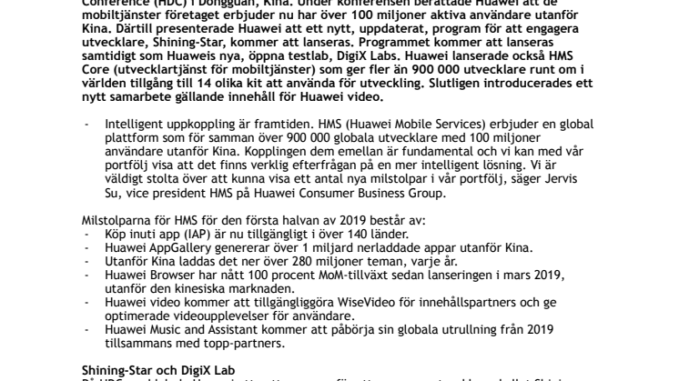 Huawei utvecklarkonferens 2019 - Huaweis mobiltjänster når 100 miljoner användare utanför Kina - Nya utvecklarprojekt ska hjälpa till att växa Huaweis ekosystem