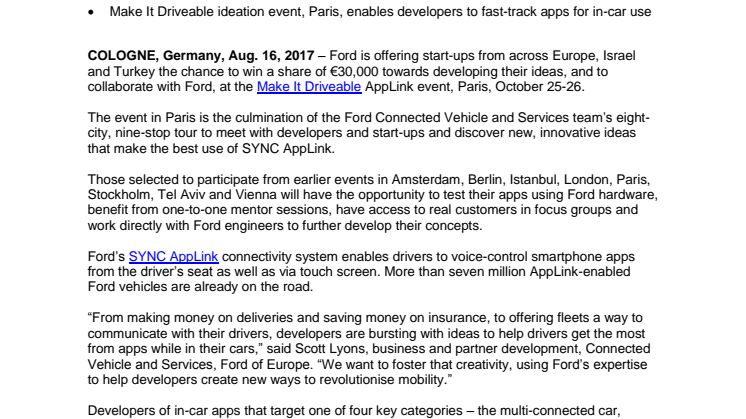 Ford Offers Start-ups €30,000 and a Way to Fast Track Their Business at ‘Make It Driveable’ Event in Paris