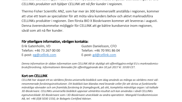 CELLINK tecknar distributionsavtal med Thermo Fisher Scientific ANZ