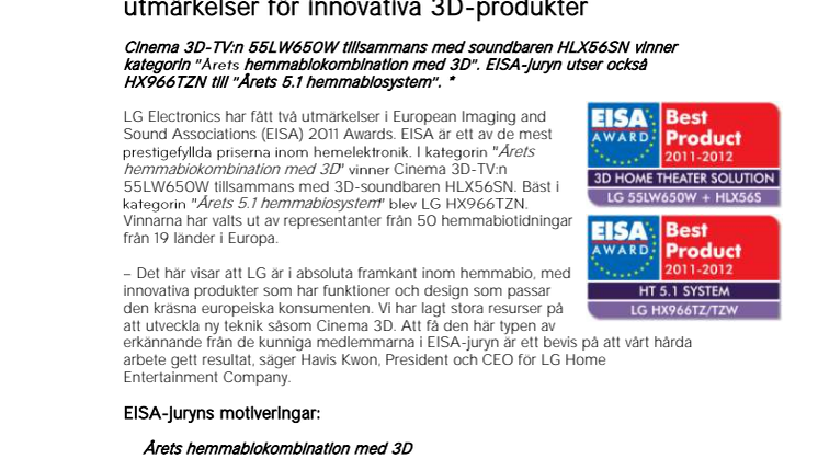 Pressmeddelande: LG Electronics får prestigefyllda EISA-utmärkelser för innovativa 3D-produkter