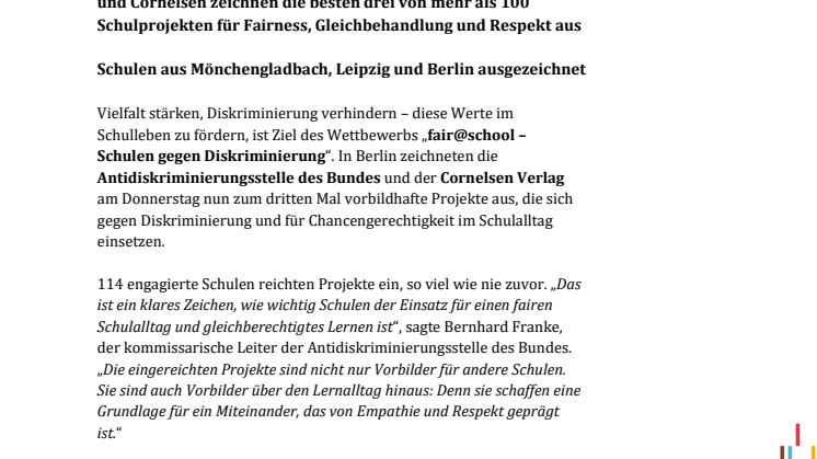 Teilnahmerekord bei fair@school:  Antidiskriminierungsstelle  und Cornelsen zeichnen drei von mehr als 100 Schulprojekten für Fairness, Gleichbehandlung und Respekt aus