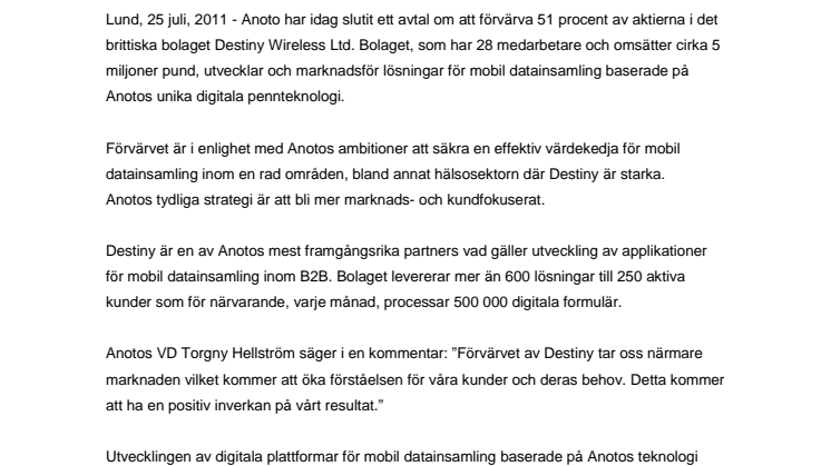 Anoto förvärvar 51 procent av Destiny Wireless
