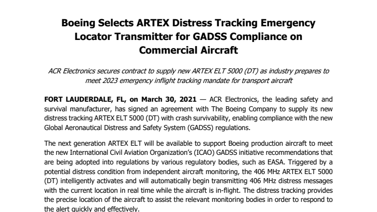 Boeing Selects ARTEX Distress Tracking Emergency Locator Transmitter for GADSS Compliance on Commercial Aircraft 