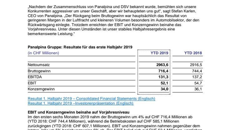 Panalpina vermeldet stabile Halbjahreszahlen