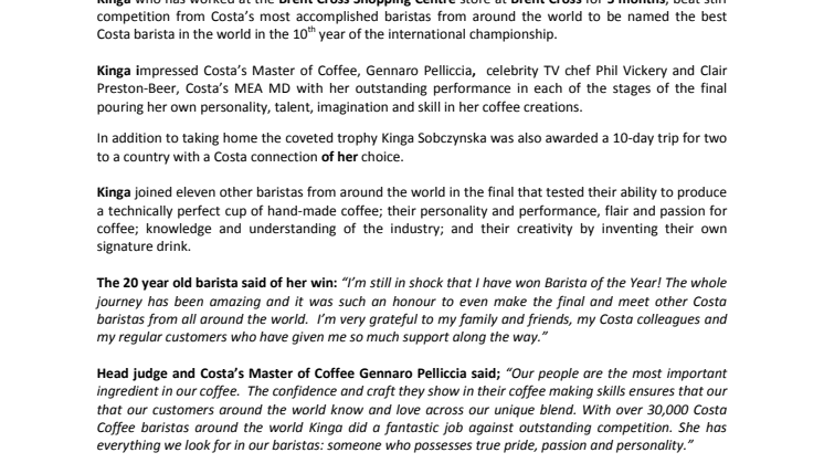 LONDON BARISTA BECOMES BARISTA OF THE YEAR CHAMPION IN PRESTIGIOUS GLOBAL COMPETITION
