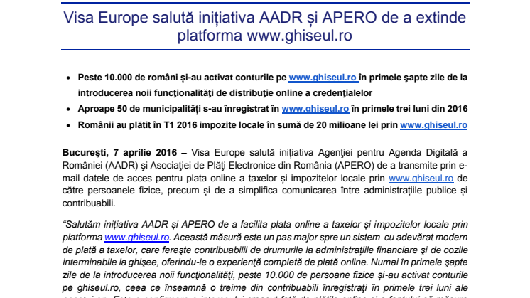 Visa Europe salută inițiativa AADR și APERO de a extinde platforma www.ghiseul.ro