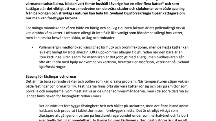 Fästingar, balkongfall, pollen och ormar – här är vårens största faror för katterna