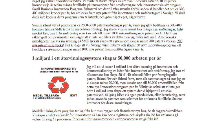 Nytt Innovationsprogram med Innovationskreditiv - förslag skickat till Näringsdepartementet