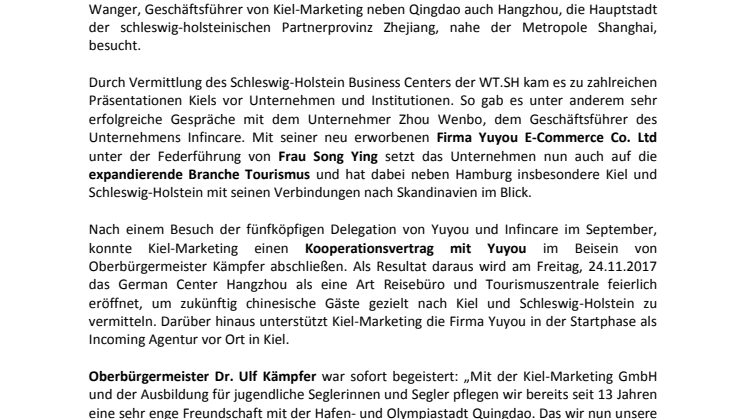 Norddeutsches Zentrum für Tourismus und Investitionen in Hangzhou/China eröffnet