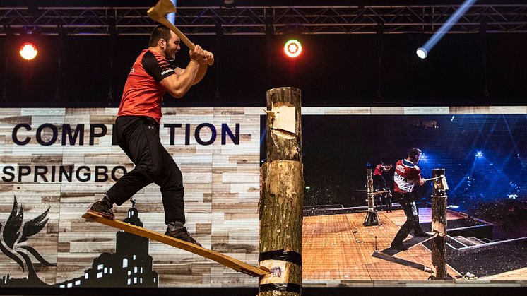 Nathan Cumberland, Kanada, i den spektakulära grenen Springboard under VM i Liverpool 2018. Foto: STIHL TIMBERSPORTS®.