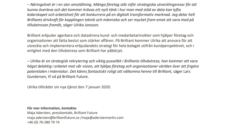 Brilliant Future tillsätter Ulrika Jonsson som Head of Business Development 