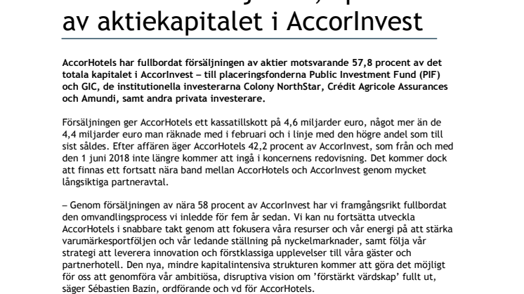 AccorHotels säljer 57,8 procent av aktiekapitalet i AccorInvest