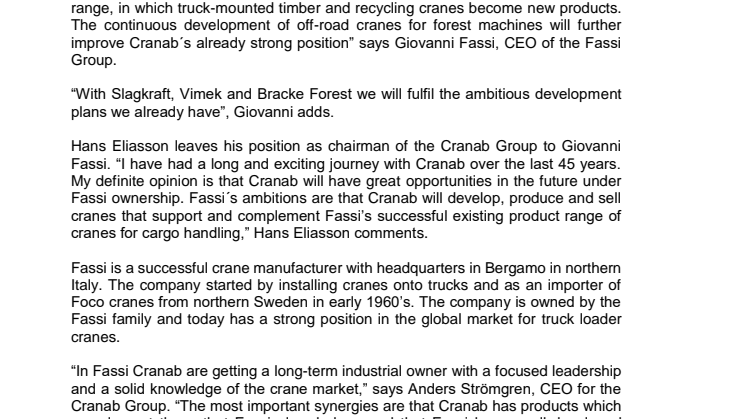 FASSI ACQUIRES FULL OWNERSHIP OF CRANAB