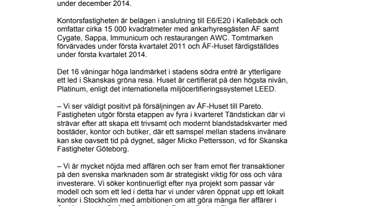 Skanska säljer ÅF-Huset i Göteborg för 495 miljoner kronor