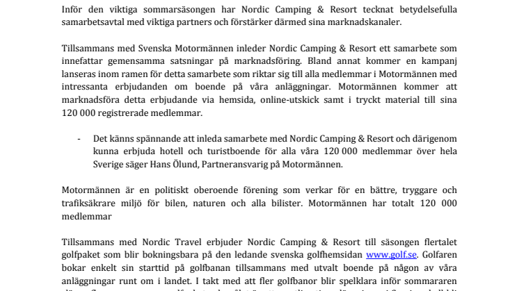 Nordic Camping & Resort sluter betydelsefulla marknadsavtal med Motormännen samt Nordic Travel/Golf.se