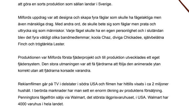 Frö-fåglar från USA animeras av svenska Milford Film