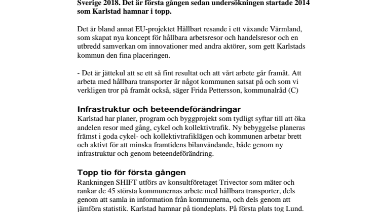 Karlstad i topp tio för hållbara transporter 2018