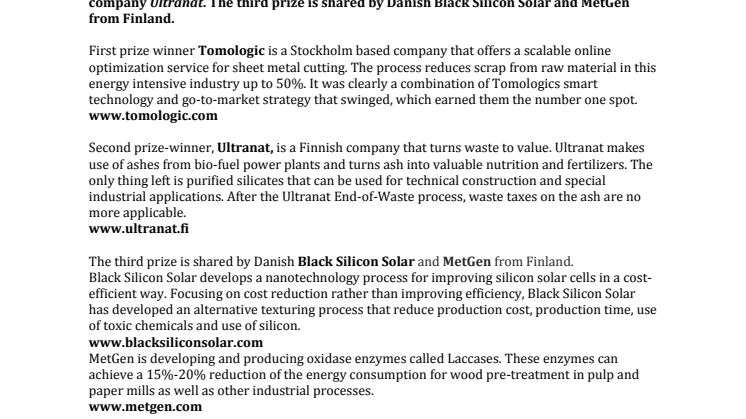 Swedish start-up Tomologic awarded first prize @ Nordic Cleantech Open 2012