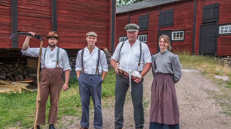 Mathias Börjesson, Adam Nilsson, Hans Nilsson och Frida Persson arbetar i Stensjö by och deltar i årets lieslåtter. Foto: Nicklas Bergström.