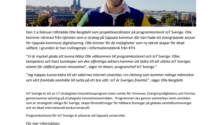 Olle Bergdahl ny projektkoordinator vid programkontoret IoT Sverige