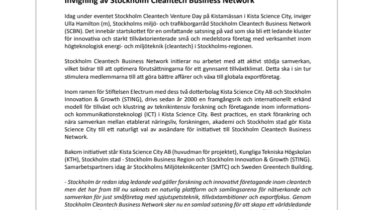 Stockholm Cleantech Business Network invigs idag