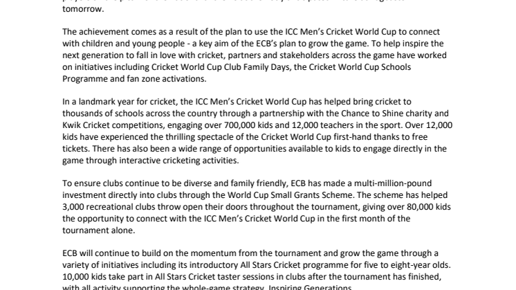 One Million Not Out - ICC Men’s Cricket World Cup Helps to Inspire Future Generations of Players and Fans