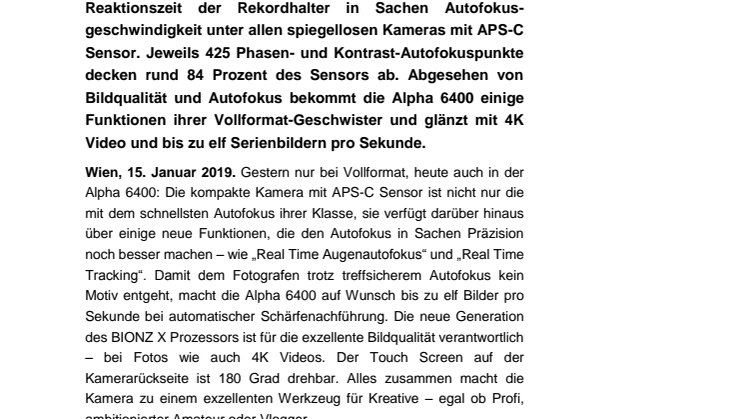 Sony Alpha 6400: die schnellste Kamera der Welt