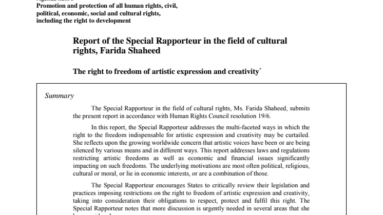 FN-rapport: The right to freedom of artistic expression and creativity (A/HRC/23/34)