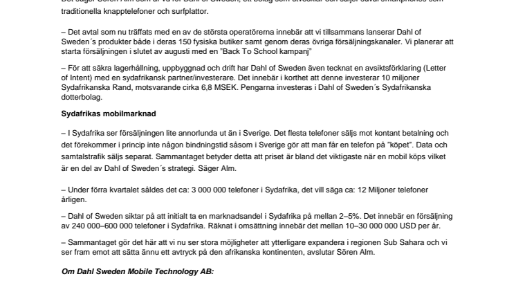 Svenska mobiltillverkaren Dahl of Sweden expanderar i Sydafrika