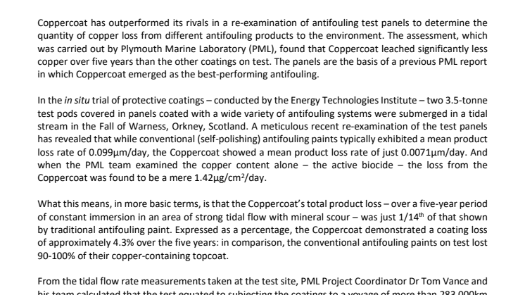 Good news for environment as test data shows Coppercoat erosion is only 7% of rival products’ rate