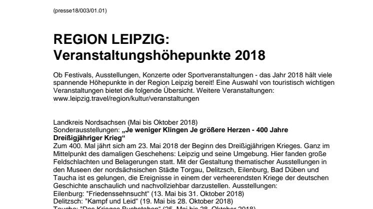 REGION LEIPZIG: Veranstaltungshöhepunkte 2018