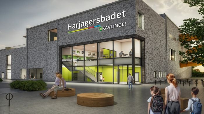 Visionsbild över entrén till Harjagersbadet - Kävlinge kommuns nya badhus. Bild: Norconsult AB