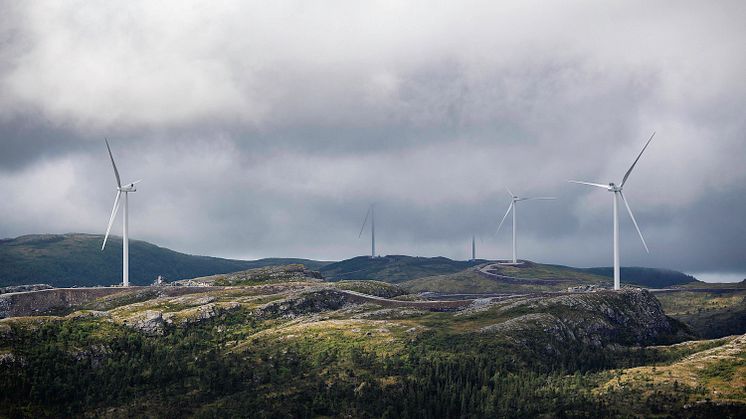 ALLE PÅ PLASS: I Roan vindpark er alle 71 vindturbiner installert. Nå venter tester og prøvedrift før den settes i kommersiell drift på tampen av året. (Foto: Ole Martin Wold/Fosen Vind)