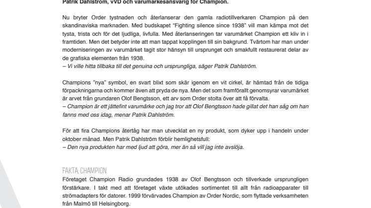 Order väcker liv i den anrika tekniktillverkaren Champion 