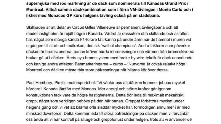 Pirellis mjuka och supermjuka däck till Kanadas Grand Prix