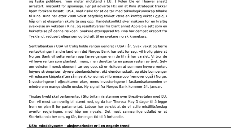 Makrorapport Januar 2019: Brexit-avstemming tirsdag og fare for resesjon i Europa