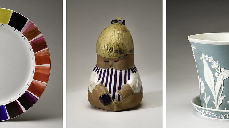 Från vänster: Fat med färgprover, 1938; Lisa Larson, Johanna i serien Larsons ungar, producerad 1962-1980; Gunnar G:son Wennerberg, George Lowndes, Kruka med fat i blågrönt med liljekonvaljer, ca 1896 - 1898.