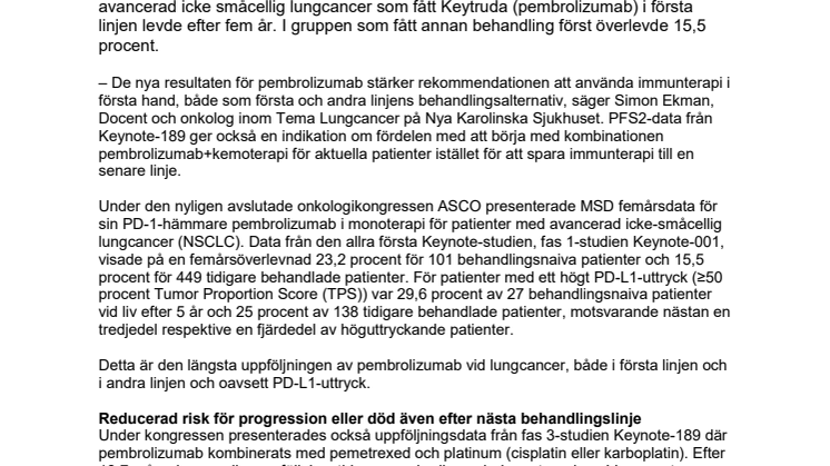 Mer än var femte lungcancerpatient levde efter fem år med Keytruda
