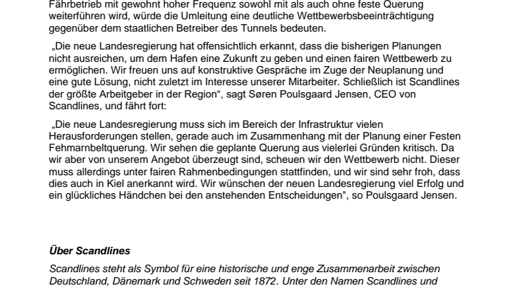 Scandlines begrüßt Bekenntnis der neuen Landesregierung zum Fährhafen Puttgarden