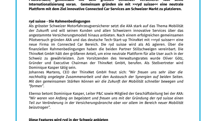AXA und ThinxNet gründen >>ryd suisse<<: Die neue neutrale Connected Car Plattform in der Schweiz