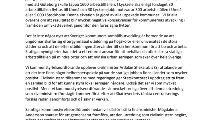 Kommunernas skrivelse till finansminister Magdalena Andersson
