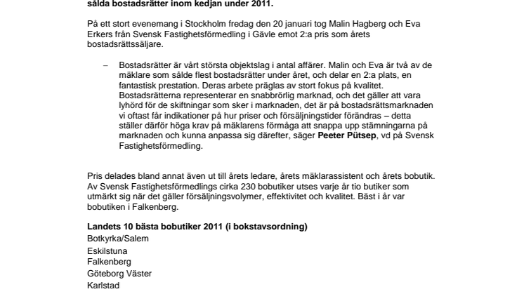 Mäklare från Gävle bland de som sålde flest bostadsrätter under 2011  