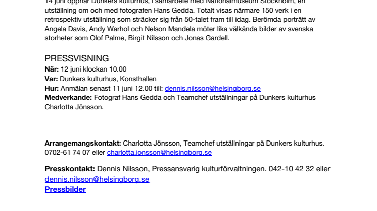 Dunkers kulturhus visar utställningen: Hans Gedda – Porträttfotografen.